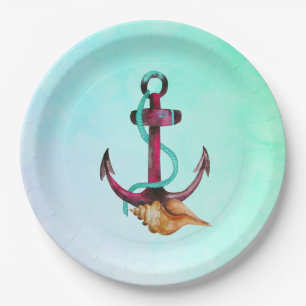 Anchor With Rope And Seashell in Watercolors Paper Plate