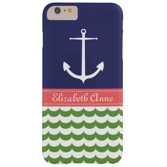 Anchor with Waves and Custom Name in Navy & Green Case-Mate iPhone Case (Back)