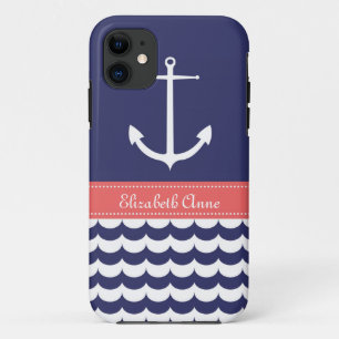 Anchor with Waves and Custom Name in Navy & Pink Case-Mate iPhone Case