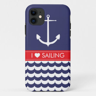 Anchor with Waves and Custom Name in Navy & Red iPhone 11 Case