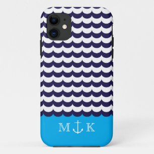Anchor with Waves and Monogram Navy & Turquoise Case-Mate iPhone Case