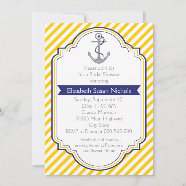 Anchor yellow white nautical wedding bridal shower invitation (Front)