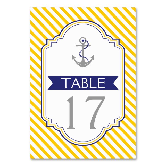 Anchor yellow, white nautical wedding table number (Back)