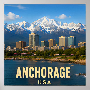 Anchorage Alaska Mountain Waterfront Travel Gift Poster