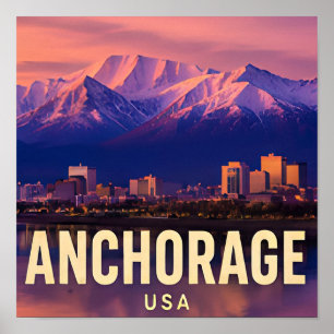 Anchorage Alaska Snowy Mountain Cityscape Poster