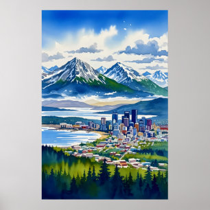Anchorage Watercolor Poster Watercolor Vintage