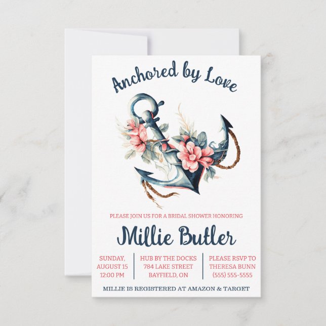 Anchored by Love! Floral Boat Anchor Bridal Shower Invitation (Front)