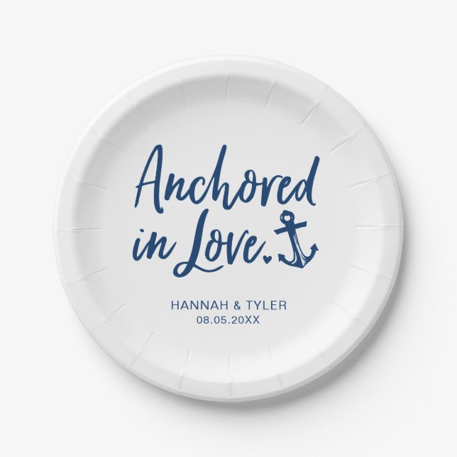 Anchored In Love Beach Nautical Wedding Paper Plate (Front)