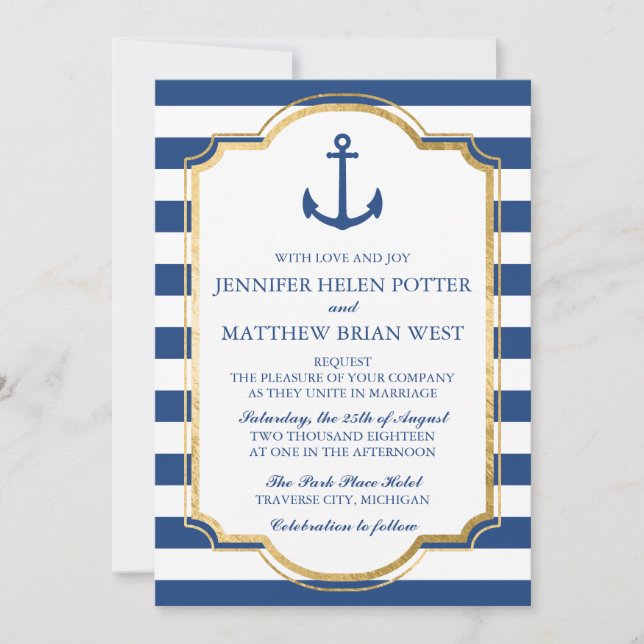 Anchored In Love II Nautical Anchor Stripe Wedding Invitation (Front)