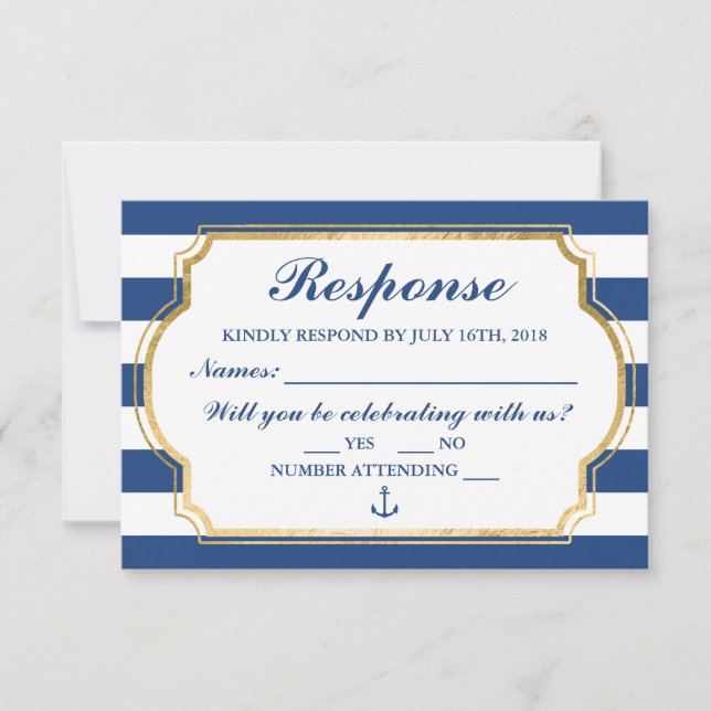 Anchored In Love Nautical Anchor Stripe RSVP Card (Front)