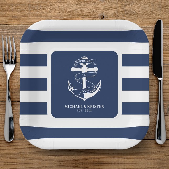 Anchored in Love Nautical Blue Anchor Striped Paper Plate (Anchored in Love Nautical Blue Anchor Striped Paper Plates
)
