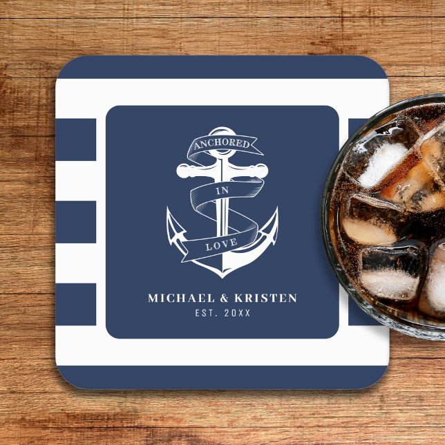 Anchored in Love Nautical Blue Anchor Striped Square Paper Coaster (Anchored in Love Nautical Blue Anchor Striped Square Paper Coaster
)