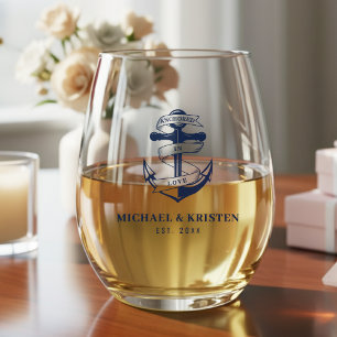 Anchored in Love Nautical Blue Anchor Wedding  Stemless Wine Glass