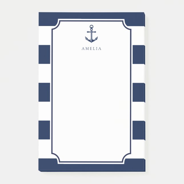Anchored Name | Navy Blue Nautical Themed Post-it Notes (Front)