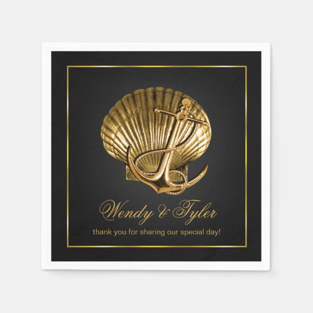 Anchored Seashell Nautical Cocktail | black & gold Napkin (Front)