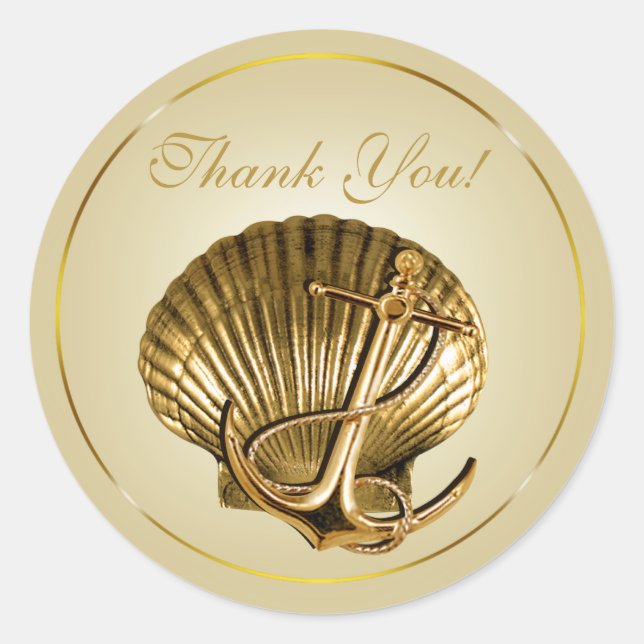 Anchored Seashell Nautical Thank You | ecru & gold Classic Round Sticker (Front)