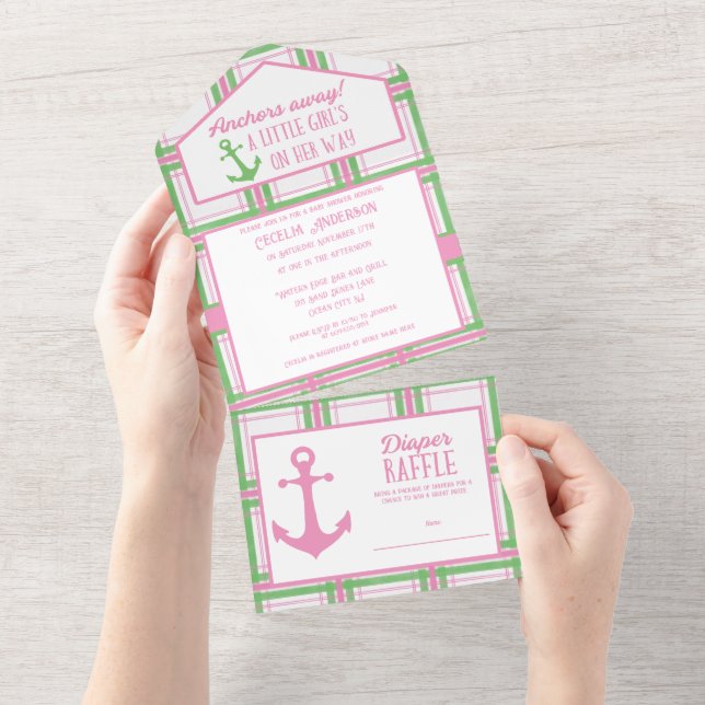 Anchors Away Girl Nautical Baby Shower All In One Invitation (Tearaway)