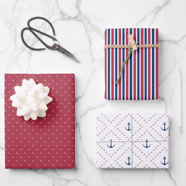 Anchors Away Nautical 3 Piece Set Red White Blue Wrapping Paper Sheet (Front)
