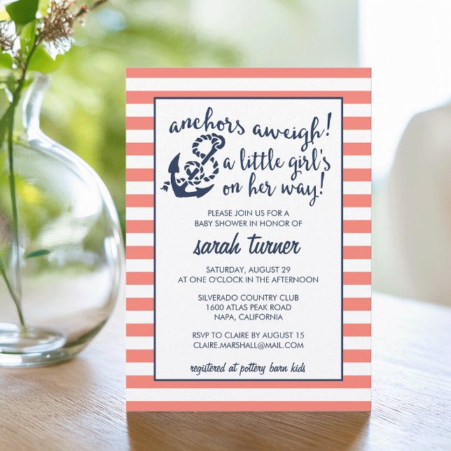 Anchors Aweigh! Coral Nautical Girl Baby Shower Invitation (Creator Uploaded)