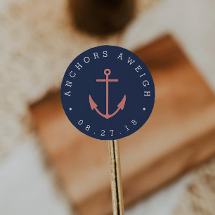 Anchors Aweigh   Coral & Navy Nautical Baby Shower Classic Round Sticker