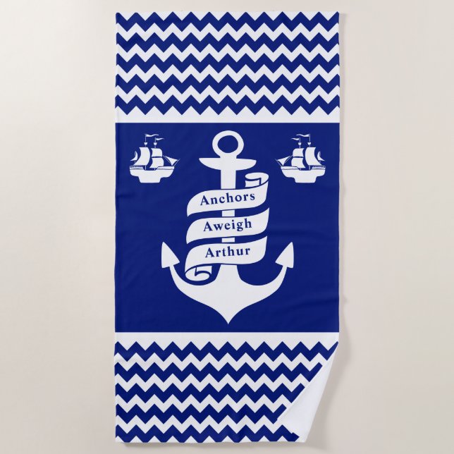 Anchors Aweigh Retirement Cruise Nautical Beach Towel (Front)