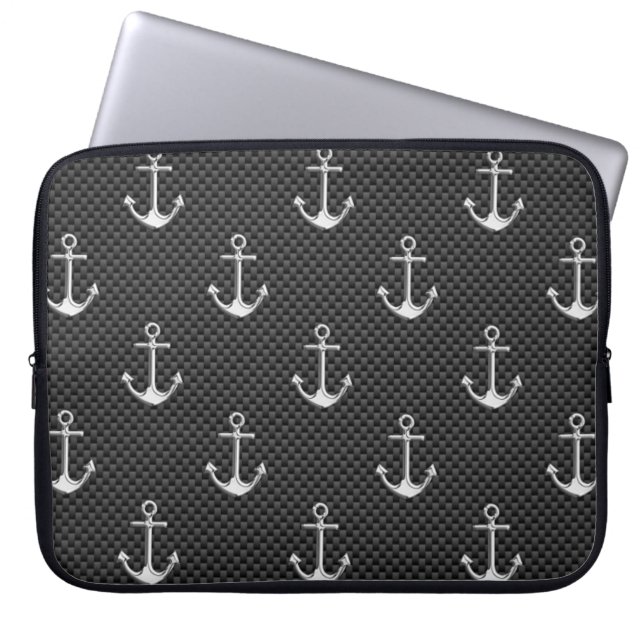 Anchors on Black Carbon Fibre Pattern Laptop Sleeve (Front)