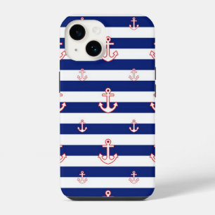 Anchors on Blue Stripes Nautical Style iPhone 14 Case