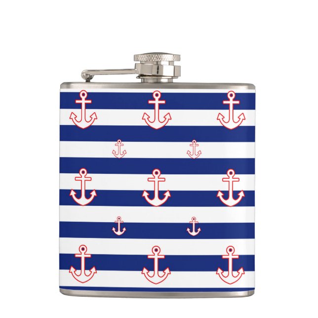 Anchors on Navy Stripes Hip Flask (Front)