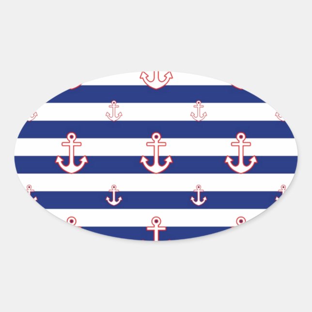 Anchors on Stripes Nautical Decor Oval Sticker (Front)