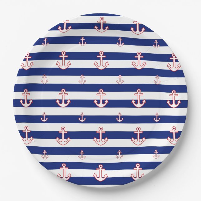 Anchors on Stripes Nautical Decor Paper Plate (Front)