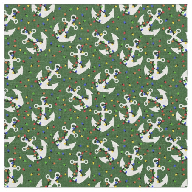 Anchors with Christmas Lights Nautical Fabric (Close Up)