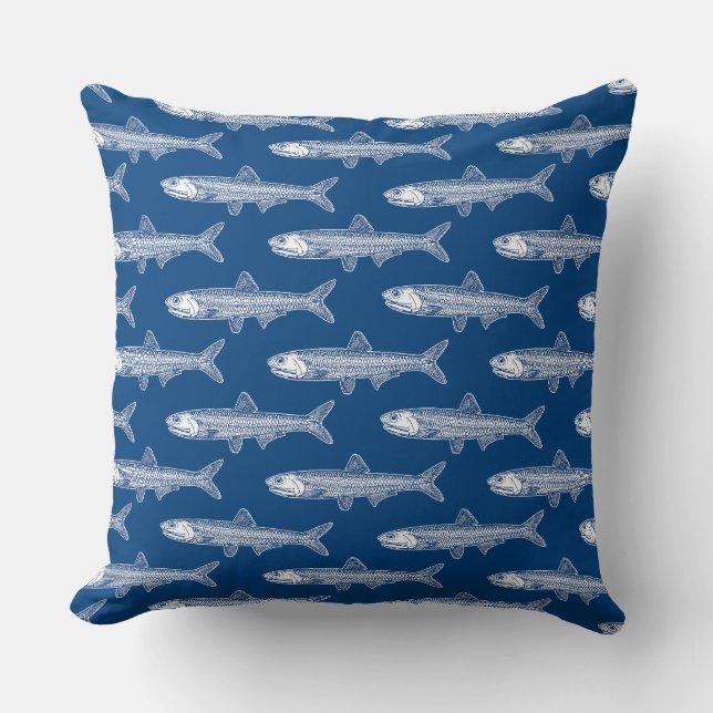 Anchovy Pattern - White and Shibori Blue Cushion (Front)