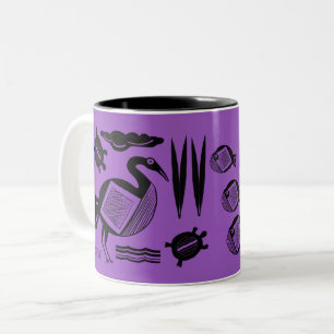 Ancient Bird, turtle, grass, water inked purple Two-Tone Coffee Mug