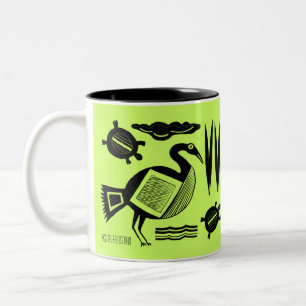 Ancient Bird, turtle, grass, water inked Two-Tone Coffee Mug