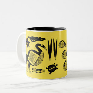Ancient Bird, turtle, grass, water inked yellow Two-Tone Coffee Mug