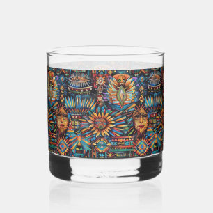 Ancient Blue "Pre-Columbian Tapestry" Art Rocks Gl Whiskey Glass