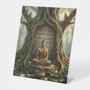 Ancient Bodhi Tree and Meditating Monk Pedestal Si Sign
