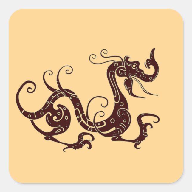 Ancient brown mystical dragon square sticker (Front)