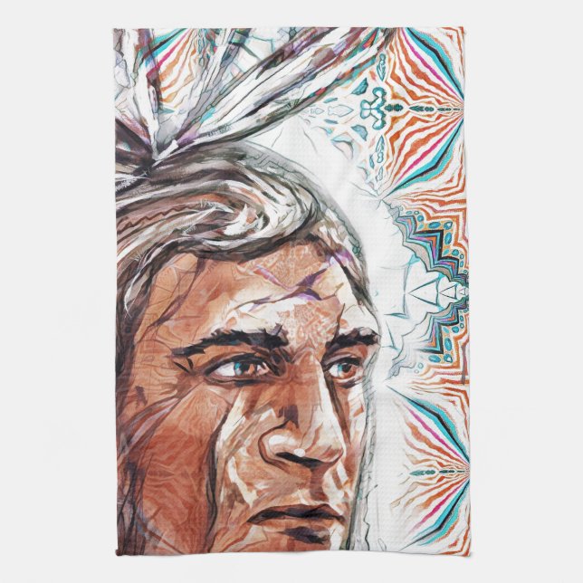 Ancient chieftan and fractal pattern tea towel (Vertical)