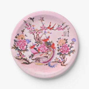 Ancient Chinese Floral Birds Pink Chinoiserie Paper Plate