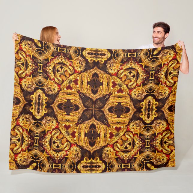 Ancient Chinese Gold Dragon Emperor Mandala Fleece Blanket (In Situ)