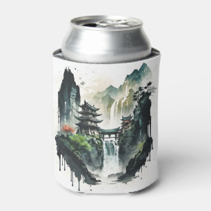 Ancient Chinese Ink Landscape with Waterfall Can Cooler