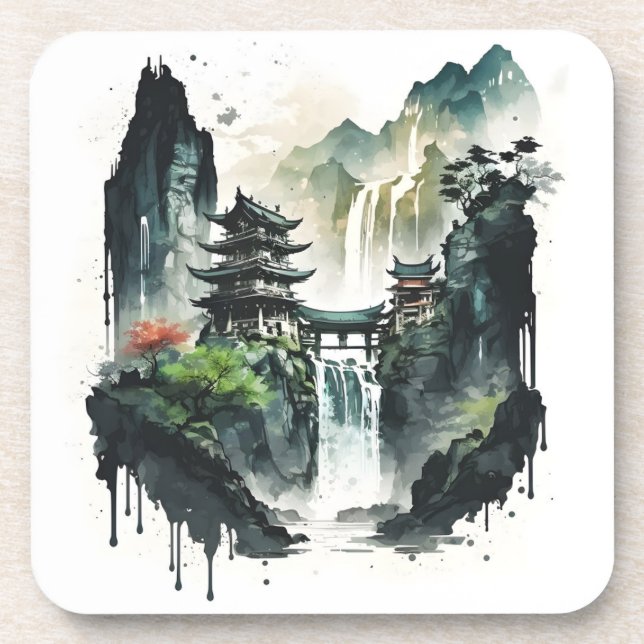 Ancient Chinese Ink Landscape with Waterfall Coaster (Front)