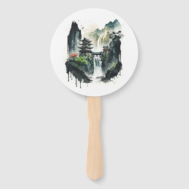 Ancient Chinese Ink Landscape with Waterfall Hand Fan (Back)