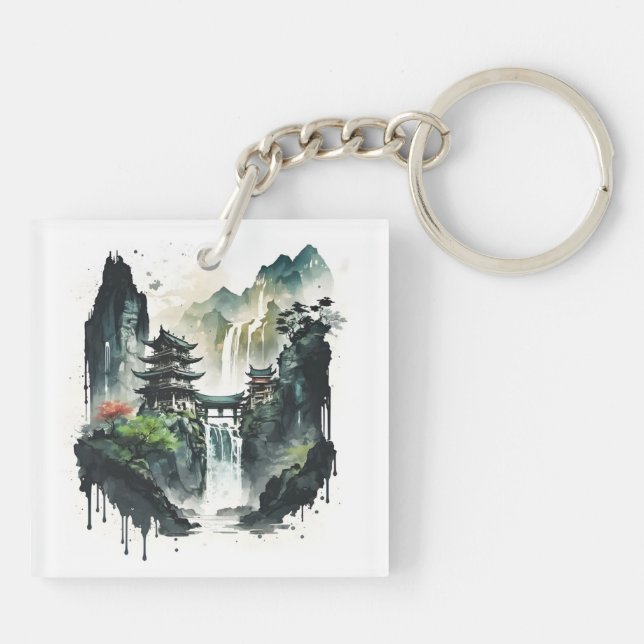 Ancient Chinese Ink Landscape with Waterfall Key Ring (Back)