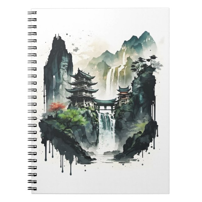 Ancient Chinese Ink Landscape with Waterfall Notebook (Front)