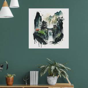 Ancient Chinese Ink Landscape with Waterfall Poster