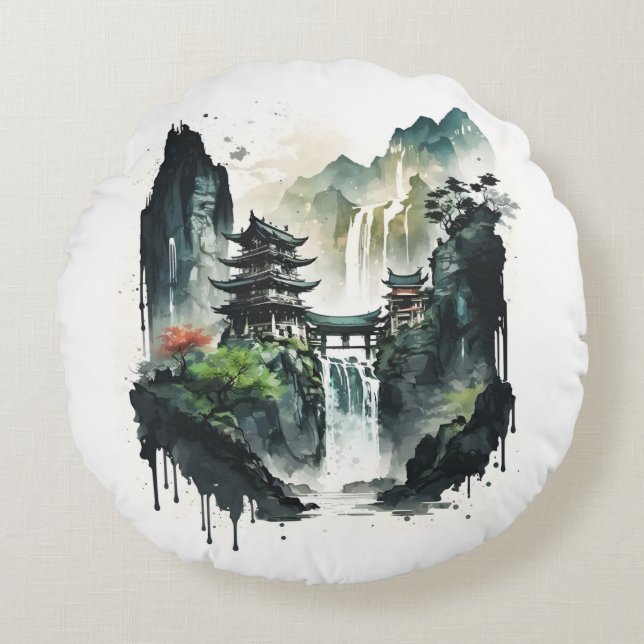 Ancient Chinese Ink Landscape with Waterfall Round Cushion (Front)