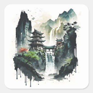 Ancient Chinese Ink Landscape with Waterfall Square Sticker