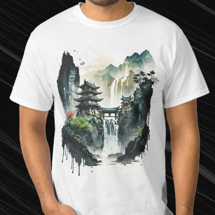 Ancient Chinese Ink Landscape with Waterfall T-Shirt